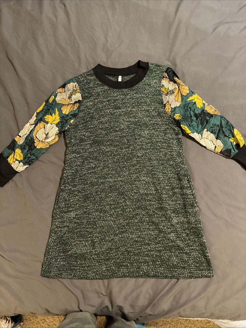 Uncle Frank Garden Forest Shift Mod Dress Hunter Green Floral 3/4 Sleeve Sz Med